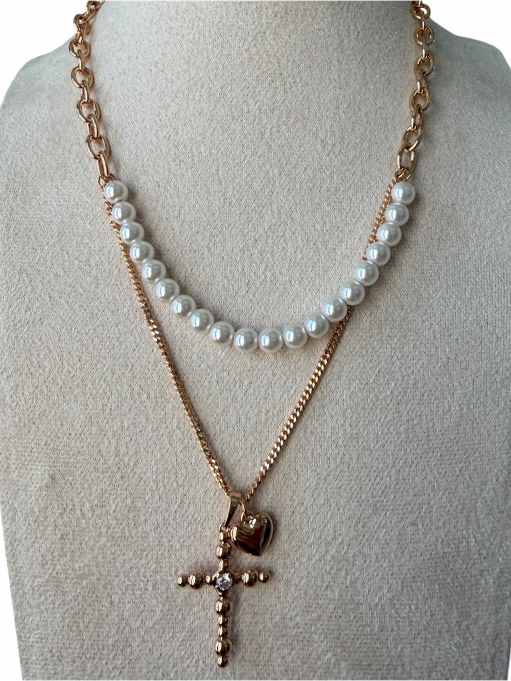 14K Gold Plated Rose Gold Pearl Layered Cross Necklace with Cross